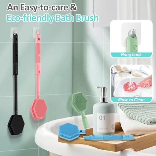 Silicone Back Scrubber & Soft Bath Glove 2PCS, 16''- 21''Extendable Back Scrubber with Dual-Side Large Head, 360° Anti-Slip Hand-fit Silicone Body Scrubber for Rich Foaming Deep Cleaning(Blue) - color: Blue*2