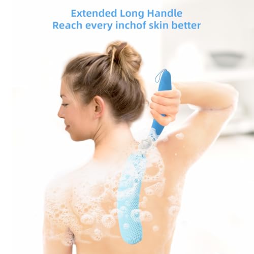 Back Scrubber for Shower, 15.35" Long Handle Shower Brush for Body, Back Brush for Shower for Men Women, Long Handled Bath Sponge for Deep Clean, Exfoliating, Anti-Slip Curve Handled Back Scrubber - size: Blue-white-h