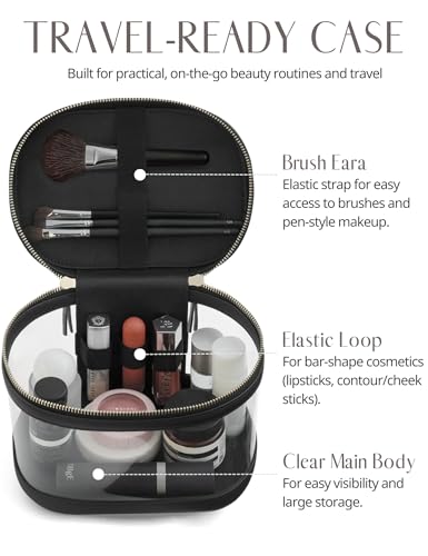 Popvibe Travel Makeup Bag Clear Compact Make Up Vanity Case with Brush Storage and Top Handle, Toiletry Makeup Case Traveling Leather Cosmetic Bag, Portable Medium Large Sized Train Case, Black - color: Black, style: Train Case