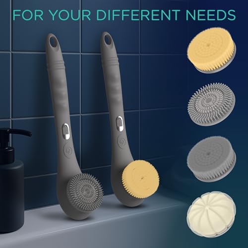 VOYOR Electric Body Brush Back Scrubber Silicone Body Scrubber Two-Way Rotating Brush Head for Deep Cleaning, Exfoliation, 4 Attachments Long Handle IPX6 Rechargeable Shower Brush BC300 (Grey) - color: Grey
