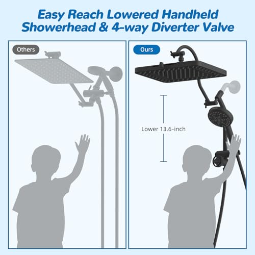 Hibbent cUPC Certified 13'' Shower Head Combo, High Pressure 5 Spray Rainfall Showerhead, 10 Spray Mode Handheld, All Metal Easy Reach 4-way Diverter Arm with Pause Mode, 71'' Hose and Holder, Black - color: Black, style: Square 13"