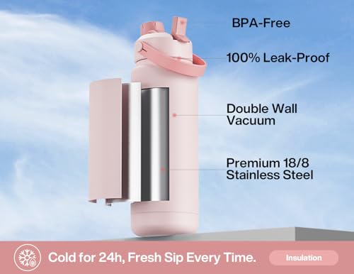 POWCAN 32 oz Insulated Water Bottle with 2-in-1 Straw and Spout Lid, Keep Cold 24H, Leak-Proof, BPA-Free, Double Wall Stainless Steel Water Bottle for Sports, Gym, Travel, and School (Cotton Candy) - color: Cotton Candy, size: 32 Ounces