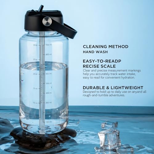 OLDLEY 32oz Water Bottle with Straw,Leakproof Tritan Clear Bottle with Marked Bottle and Carry Handle, BPA-Free Wide Mouth Reusable Sports Water Bottle for Gym,Hiking, Camping, Travel, Workout,Clear - color: A.Clear