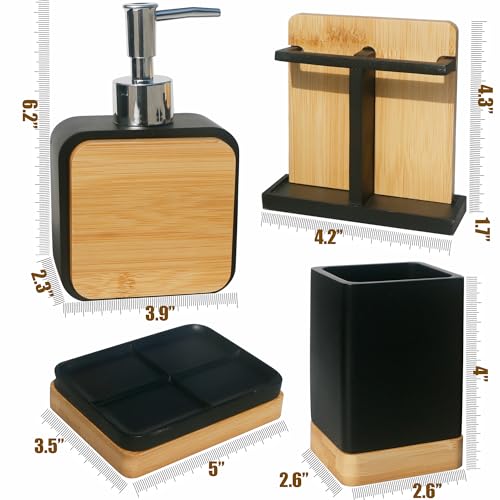 Bathroom Accessories Set with Cup, Toothbrush Holder, Soap Dishes and Soap Dispenser, Vanity Decoration, New Home Gift, Black with Bamboo