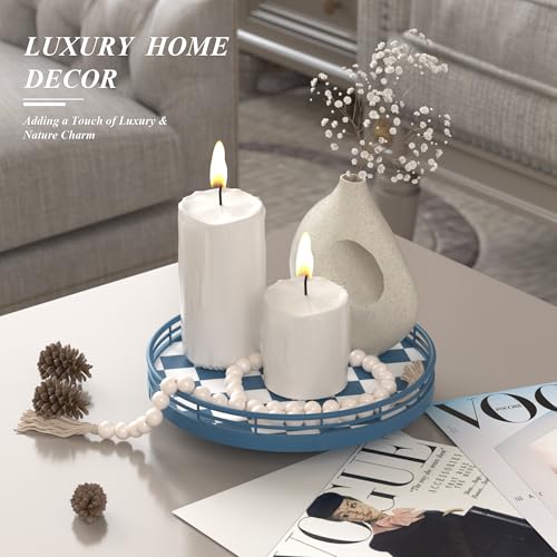 Premium Rubber Wood Lazy Susan Turntable, Blue White Checkerboard Decorative Serving Tray, Hand-Welded Metal Railing, Stable Rotating Organizer for Dining Table, Kitchen Counter, Coffee Table Decor - color: Blue & White, size: 9 inches