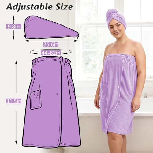Women’s Plus Size Towel Wrap with Hair Towel (2XL-4XL), Oversized Shower Body Wrap Bathrobe, Soft Quick-Dry Hair Drying Towel for Spa Use Light Purple - color: Light Purple, size: 2XL-4XL