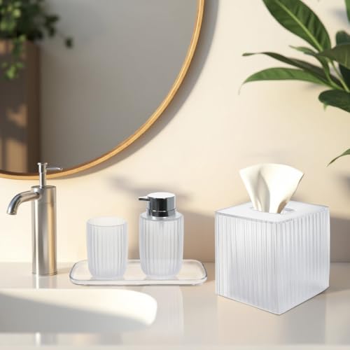 Decozen Bathroom Accessories - 4Pcs Bath Accessories for Home Decor Soap Dispenser, Lotion Dispenser, Tissue Box & Tray for Bath Decor Countertop Organizer - Christmas Decorations, Housewarming Gift - color: Clear