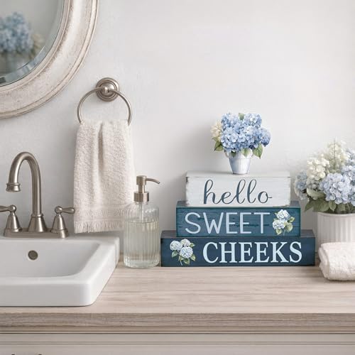 Cinnvoice 4 Pcs Hydrangea Bathroom Decor Farmhouse Bathroom Decoration Hello Sweet Cheeks Table Centerpiece Gift for Christmas Valentines Back to School - style: Hydrangea Hello Sweet Cheeks