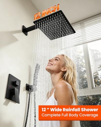 gotonovo Shower System with Tub Spout,Waterfall Tub Shower Faucet Set for Bathroom Head and Handle Set Wall Mounted 3 Function Rough-in Valve and Trim Included 12 inch Shower Head Matte Black - color: Matte Black, size: 12 inch Shower Head