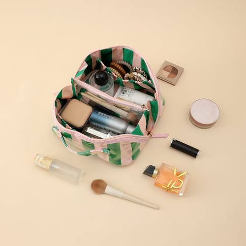 DYSHAYEN Stripe Travel Makeup Bag with Compartments Clear Coated Cosmetic Bag for Women, Waterproof Portable Open Flat Toiletry bag （Pink-Green） - color: Pink-Green