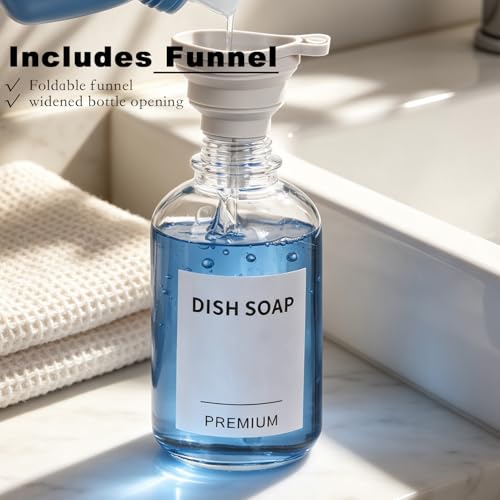 12oz Dish Soap Dispenser for Kitchen, Hand Glass Soap Dispenser Set with Pump, Tray, Funnel for Bathroom, Shower, Laundry, Liquid, Lotion (Gold 2 Pack Clear Bottles with 12 Stickers) - color: Gold, size: 12Oz