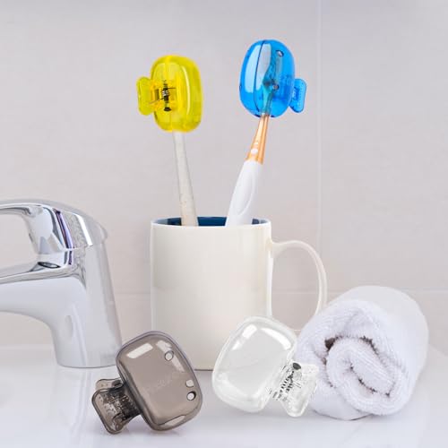Hxezoc 4 Pack Toothbrush Covers Toothbrush Holders Portable Toothbrush Protector Cap Brush Pod Case Protective Plastic Clip for Household Travel, Camping, Bathroom, School, Business - color: Clear, Yellow, Grey, Blue