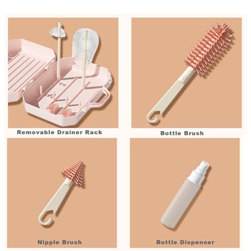 PandaEar Portable Bottle Brush Set with Case, Baby Travel Essential-6 in 1 Bottle Cleaning Tool, Bottle Cleaner Kit with Silicone Brush, Nipple Brush, Straw Brush, Bottle Dispenser, Pink