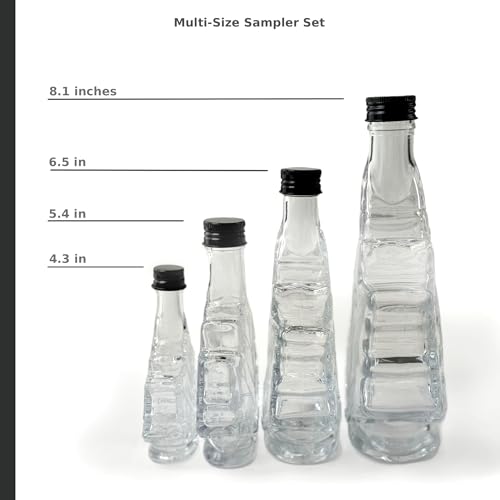 North Mountain Supply Glass Maple Syrup Bottles – Reusable Leaf Shaped Glass Bottles with Black Metal Lids – Multi-Size Sampler Set (4 Bottles)