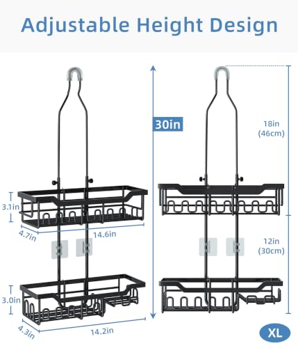 Shower Caddy Hanging Organizer, Extra Large Rack Over Showerhead with Hooks, Adjustable Height Shower Caddy for Big Shampoo Bottle, Black - color: Black - 2 Tier - XL