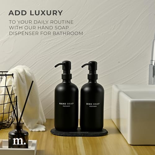MaisoNovo Soap Dispenser 3 Piece Set - 16.9oz Black Bottles with Black Stainless Steel Pump Core - color: Black Bottles/ Black Pumps/ Black Slate Tray