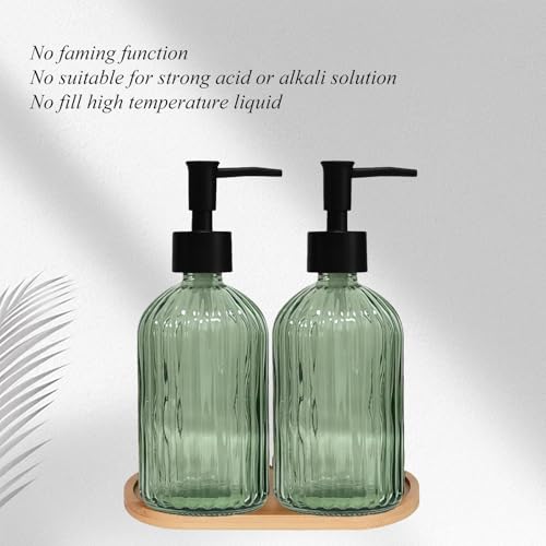Glass Hand and Dish Soap Dispenser Set of 2 with Plastic Pumps, Bamboo Tray, 13.5oz Green Bathroom Soap Dispenser with Vertical Stripe for Hand Wash & Dish Wash, Ideal for Bathroom Kitchen Countertop - color: Green