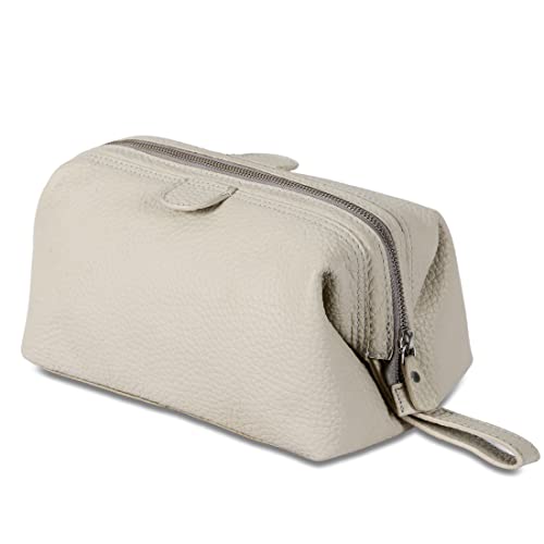 KomalC Premium Buffalo Leather Toiletry Bag for Men & Women With Water resistant Lining, Grooming Travel Pouch, Unisex Wash Bag for Toiletries, Gifts for Men and Women - color: Snow