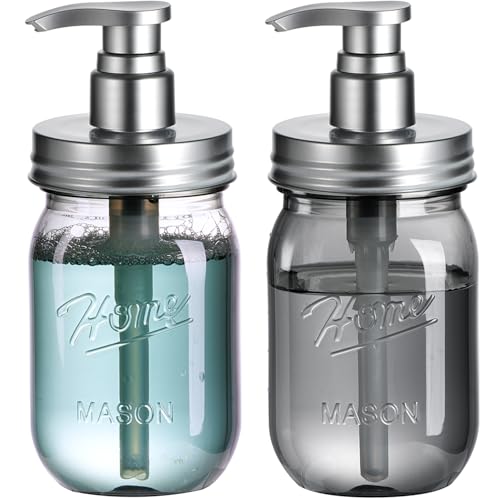 Amolliar Plastic Mason Jar Soap Dispenser with Pump Lid,16OZ Refillable Hand Soap Dispenser Set with Cute Lables - Farmhouse Decor for Kitchen Bathroom, Liquid Soap, Dish Soap, Lotion (2 Pack, Silver) - color: Black Jar + Silver Pumps