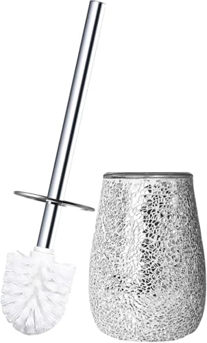 Decorative Toilet Brush and Holder Set | Handcrafted Silver Mosaic Glass Holder | Rust-Proof 304 Stainless Steel Toilet Bowl Brush | Luxury Silver Bathroom Decor - color: Silver