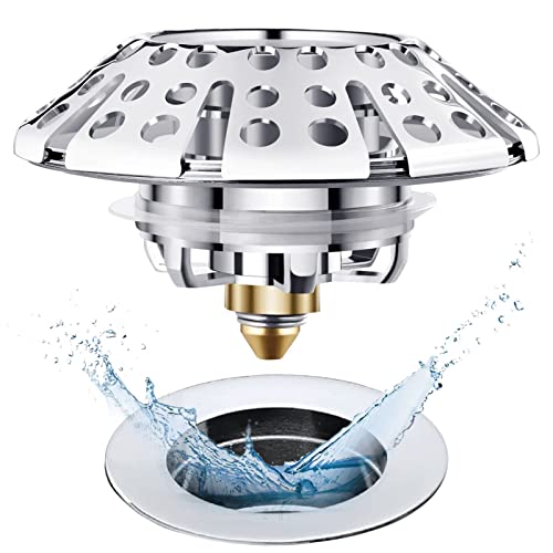 AzWzz Universal Tub Stopper Bathtub Drain Plug, Pop Up Tub Drain Hair Catcher, Drain Cover with Strainer, for 1-3/8 to 2in Bath Drain Hole - color: Chrome Silver, style: Tub Drain Stopper with Hair Catcher