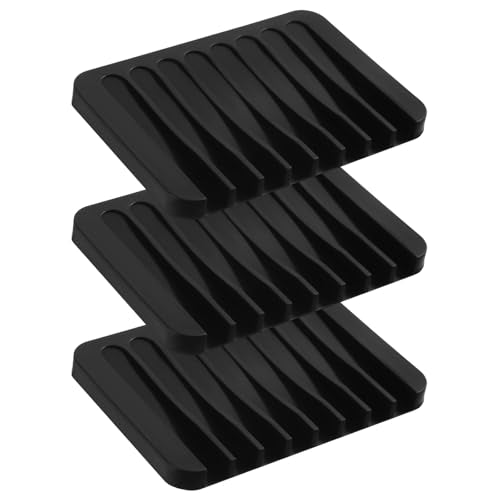 Silicone Soap Dishes Self Draining, 3 Pcs Soap Holder for Shower Bathroom Kitchen Sponges, Keep Dry Clean(Black)