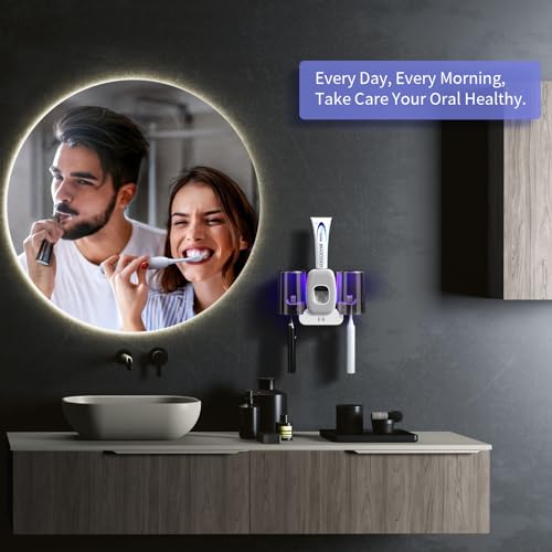 Toothbrush Holders for Bathrooms, Wekity Automatic Toothpaste Dispenser Space Saving Toothbrush and Toothpaste Holder，Toothbrush Holder Wall Mounted with 2 Cups for Bathroom (Grey)… - color: Grey