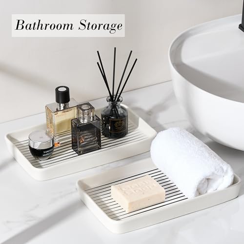 Bathroom Vanity Tray for Countertop,2PC Rectangle Striped Tray,Decorative Bathroom Organizer for Scrubber, Lotion Bottles, Perfume, Jewelry, Candle, Key Trinket Ring(Large,White) - color: White Color With Black Stripes-2 Pcs Large