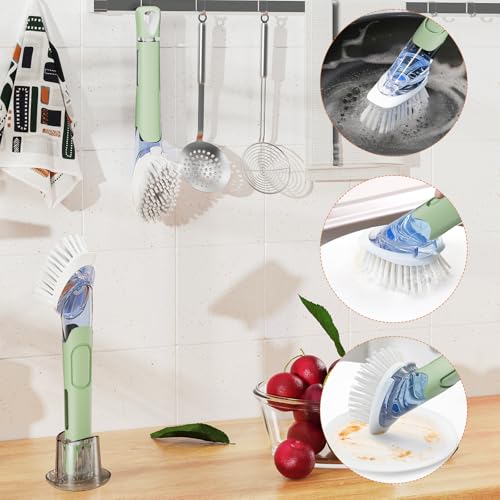 Soap Dispensing Replacement Dish Brush Storage Set with 2 PCS Brush Refills & Holder - RIMAY Dispenser Scrub Cleaning Scrubber Kitchen Dishwashing Dish Wand Handle for Dishes/Pans/Pots/Sink(Green) - color: Green
