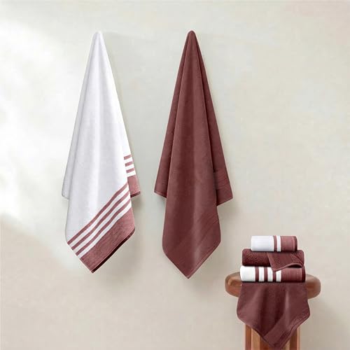 Modern Threads 6-Piece Towel Set – 100% Cotton, Quick Dry, Ultra Absorbent – Includes 2 Bath, 2 Hand, 2 Washcloths (White/Reinhart Rose) - color: Rose, style: Classic Stripe