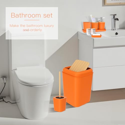 Orange Bathroom Accessories Set 9 Piece Bathroom Accessory Set with Trash Can,Toothbrush Holder,Toothbrush Cup,Lotion Soap Dispenser,Vanity Tray,Soap Dish,Toilet Brush,Qtip Holder - size: Bath Set, style: Orange