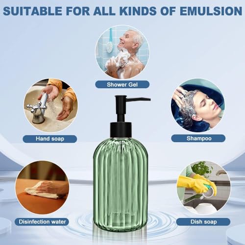 2 Pack 14oz Glass Soap Dispenser with Black Pump – Refillable for Hand Soap, Dish Soap, Lotion, Suited for Kitchen, Bathroom & Laundry Room(Olive Green) - color: Olive Green