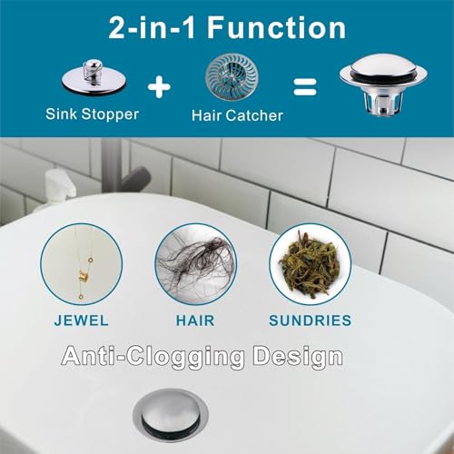 Chrome Bathroom Sink Drain Stopper,Welsan Universal Pop-Up Drain Stopper Plug Strainer with Hair Catcher for 1 1/8"-1 1/2" Drain Hole,Anti-Clogging Design Chrome Plated - color: Chrome Plated