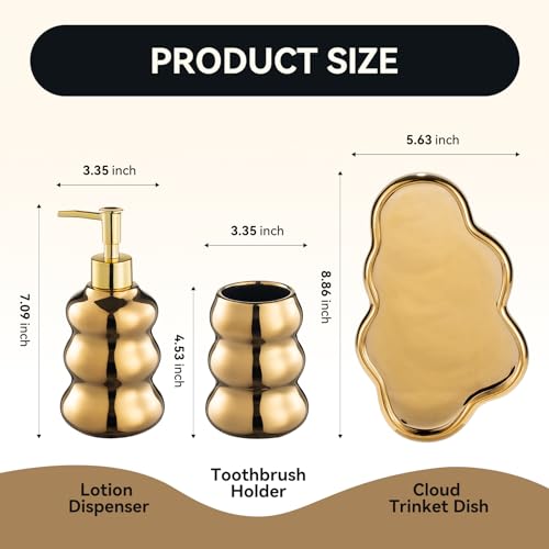 Gold Bathroom Accessory Set, 3-Piece Gold Ceramic Bath Accessories Set with Tray, Lotion Dispenser, and Tumbler for Luxurious Bathroom Decor - color: Gold