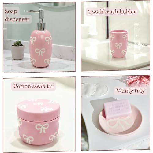 Bow Bathroom Set, 4 Pcs Ceramic Bathroom Accessory Sets - Soap Dispenser, Tumbler Toothbrush Holder, Vanity Soap Tray, Cotton Swab Jars - Pink Bathroom Decor Gift for Her (Pink) - color: Pink