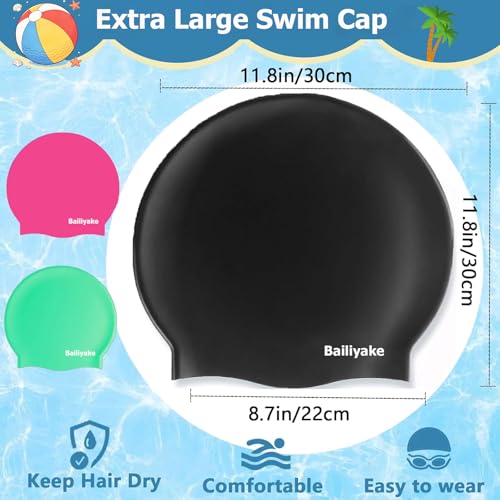 3 Pack Extra Large Swim Cap for Braids & Dreadlocks - Waterproof Silicone Swim Hat for Women with Long Thick Hair, Protective Swim Cap Cover Ears for Swimming, Shower, Bathing - color: Black+Pink+Green