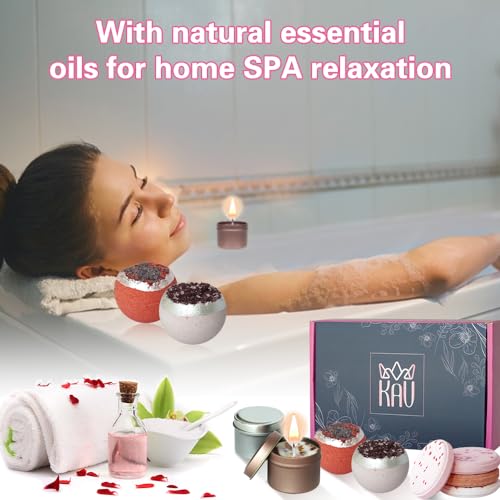 KAV Bath Bombs Giftset for Women - Self Care Women Gift Set of 2 Bathbombs, 2 Scented Candles, 4 Shower Steamers - All Natural Scented Bubble Bath Bombs - Skin Safe Girlfriend Gifts for Spa