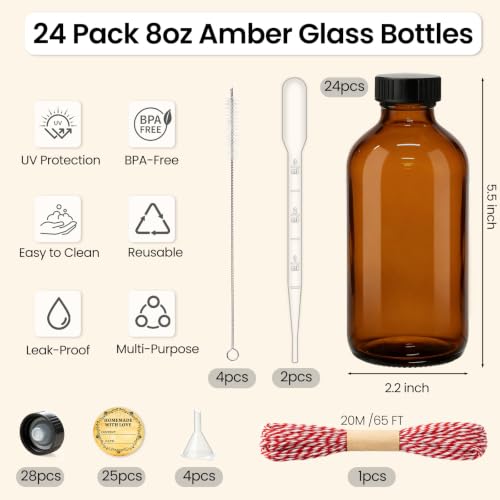 TBWIND 24 Pack 8oz Amber Glass Boston Round Bottles with Airtight Caps | Designed for Homemade Vanilla Extract, Tinctures, Juice, Syrups, Kombucha & Herbal Liquids with Droppers, Labels & Funnels - size: 8oz