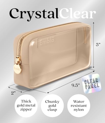 Embla Clear Cosmetic Bag Makeup Case, Clear Zipper Make Up Pouch and Toiletry Travel Tote, Cute Skincare Pouches for Women Girls, Preppy Purse Cosmetic Organizer, Small Makeup Bags, Sand | Small Tan Clear Nylon/PVC Cosmetic Bag with Zipper, Waterproof Bea