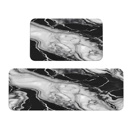 White and Black Marble Texture Kitchen Rugs Microfiber Floor Mats Marbling Cushioned Carpet Runner Rug for Laundry Bathroom Living Room, 2 Piece Set 17"X 47" + 17"X 30" - color: White and Black Marble Texture