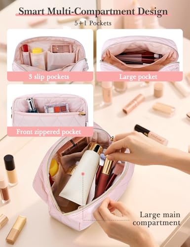 Noozion Makeup Bag Travel Toiletry Bag, Puffy Padded Cosmetic Bag for Women, Makeup Organizer Case, Wide-open Pouch Purse, Travel Essentials - color: Pink