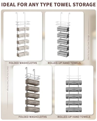 Aetyord Hanging Towel Racks for Bathroom No Drill - Over The Door 6-Tier Bath Towel Storage Organizer for Small Bathrooms - Back Door Large Tiered Towel Holder Hanger for Rolled Towels RV Camper White - color: White, size: 6 tier