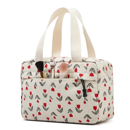 Large Makeup Bag for Women Corduroy Cosmetic bag Make up Bags Zipper Pouch with handle Cosmetic Organizer Toiletry Bag for Travel Storage - color: 12-Red Tulip