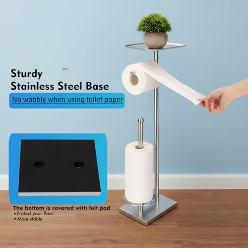 Toilet Paper Holder with Shelf, Toilet Paper Stand with Storage for Holding Extra 3 Rolls, Freestanding Toilet Paper Holder for Bathroom (Brushed Nickel with Metal Base) - color: Brushed Nickel With Metal Base