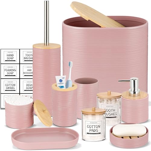IMAVO Bathroom Accessory Set-11Pcs Pink Bathroom Accessories Set with Trash Can,Soap Dispenser,Soap Dish,Toothbrush Holder,Toothbrush Cup,Toilet Brush Holder,Qtip Holder Dispenser with Labels - color: Pink, size: 11 PCS Bathroom Set