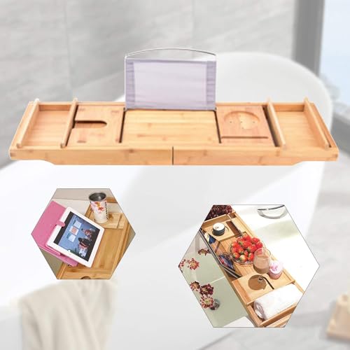 Bath Caddy Tray Bamboo Bathtub Tray Caddy Expandable with Wine Glass Holder and Book Stand