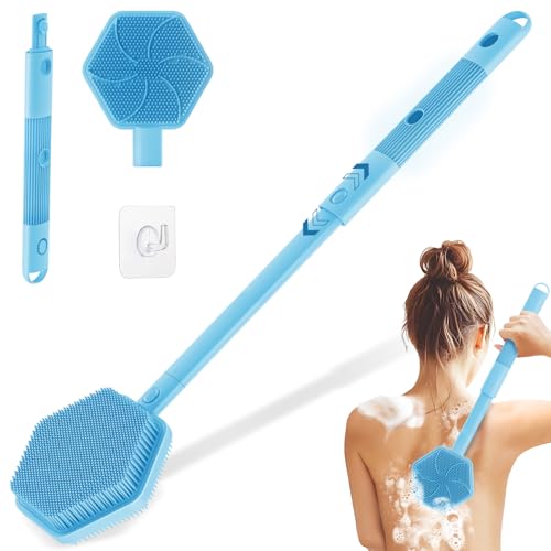 Silicone Back Scrubber for Shower, 16''-21''Extendable Shower Back Scrubber with Dual-Side Large Brush Head, 3-Length Back Brush Bath Brush with Strong Handle & Rich Foaming Bristles(Blue) - color: Blue