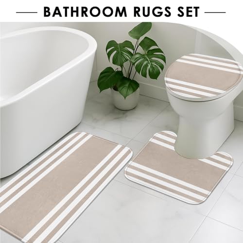 Striped Beige Shower Curtain Set with Toilet Lid Cover and Non-Slip Rugs for Bathroom, Minimalist Modern 4 Pcs Shower Curtain, Neutral Bathroom Set with 12 Hooks - color: Stripes Beige 2