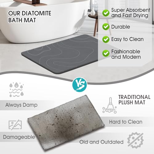ZIKIBL Stone Bath Mat Diatomaceous Earth Shower Mat Non-Slip Super Absorbent Diatomite Stone Mats for Bathroom Floor Quick-Drying Easy to Clean (24''*16'' Grey) - color: Grey