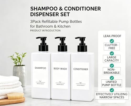 Shampoo and Conditioner Dispenser Set, 3Pack Refillable Shampoo and Conditioner Bottles with Labels, 500ml Soap Dispenser 16.9oz Shower Dispenser Square Pump Bottle for Bathroom and Kitchen - White - color: White - 3pack 16.9oz